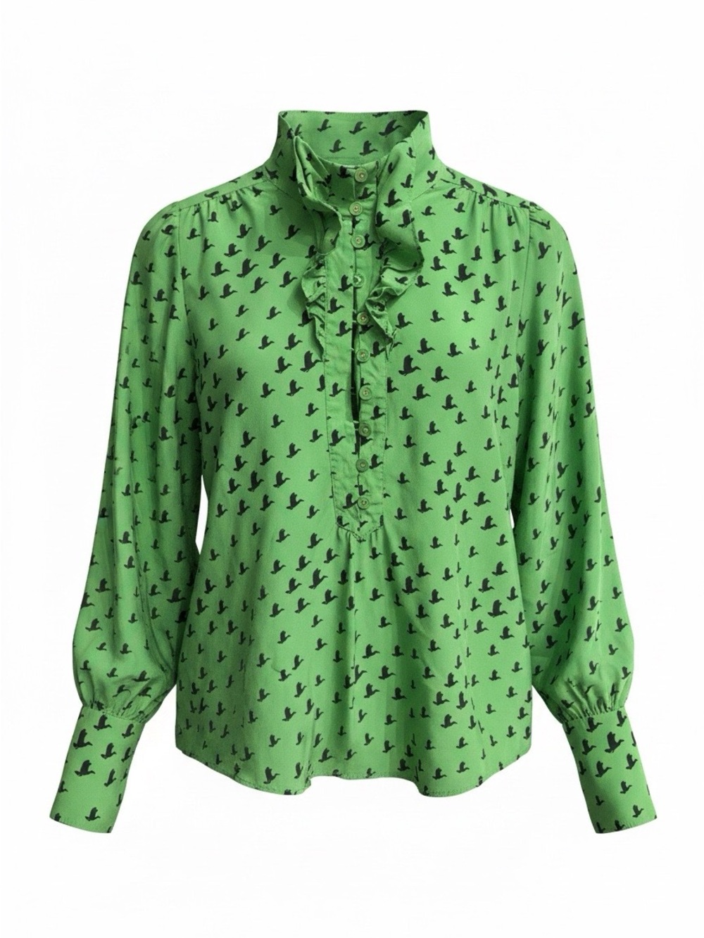 Juicy Couture Green Silk LS Ruffle Front Blouse with Bird Print